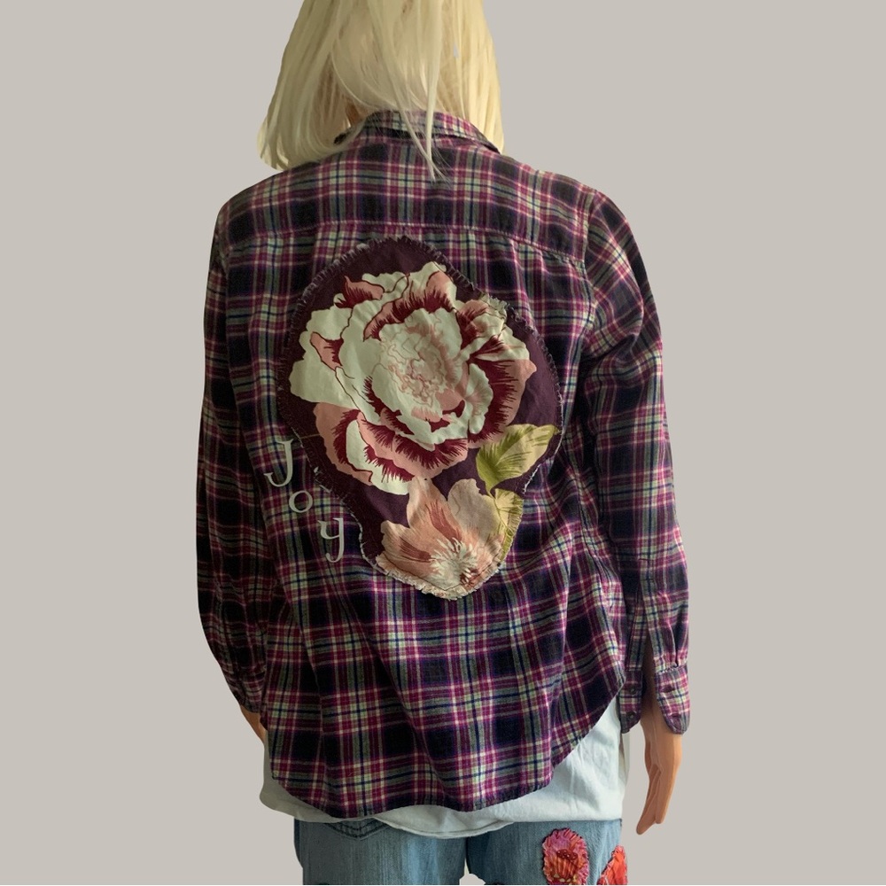 Upcycled Purple Flannel Button Down with Homemade Floral Appliquép on Back